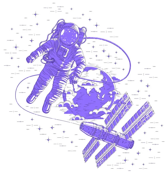 在背景中与空间站和地球行星相连的太空飞行的太空人员 穿着在失重中漂浮的航天服的航天员男子或妇女 以及航天器 恒星和其他元素 — 图库矢量图片