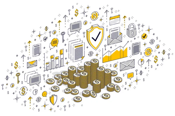 現金お金コイン セント スタック上分離の白い背景 ベクトル ビジネスと金融アイコン 統計グラフのデザイン要素と等角投影図 — ストックベクタ