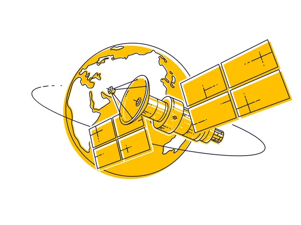 Satellite Orbita Intorno Alla Terra Volo Spaziale Stazione Spaziale Comunicazione — Vettoriale Stock