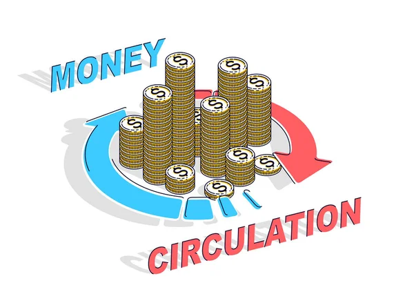 お金の循環の概念 放射状のループの矢印で現金お金スタック周り ベクトル 薄いライン デザインをビジネスと金融イラストを等尺性 — ストックベクタ