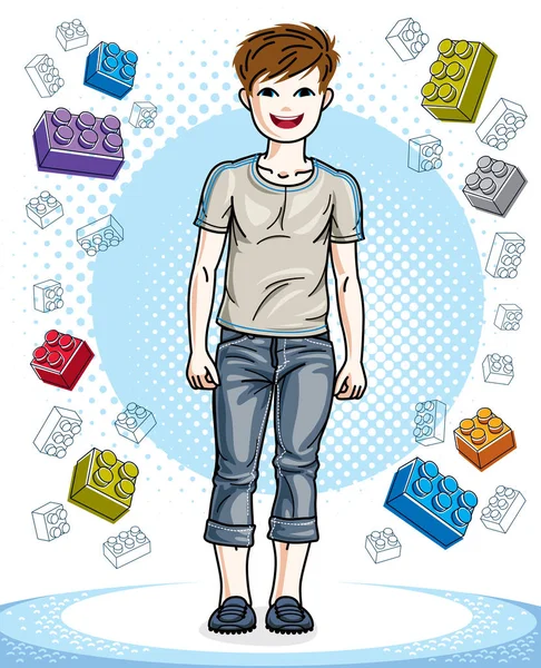 Adolescent Mignon Petit Garçon Debout Portant Des Vêtements Décontractés Mode — Image vectorielle