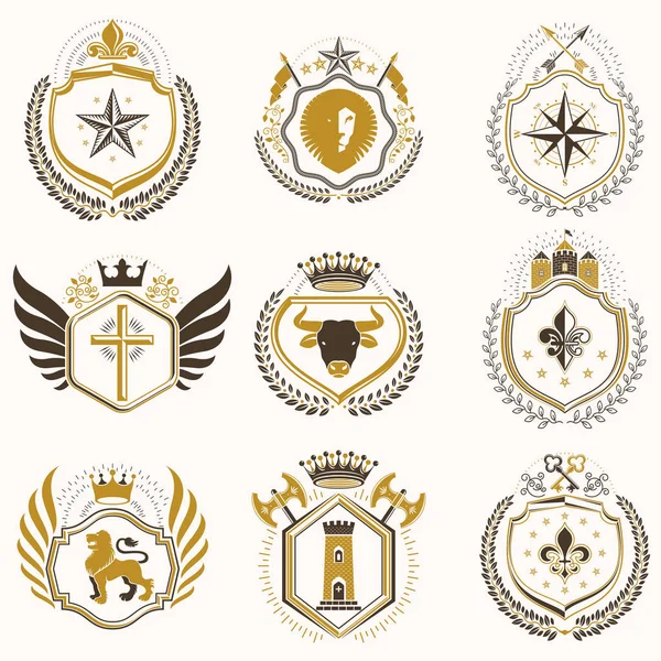 Vector Vintage Heraldische Wapen Ontworpen Stijl Van Award Middeleeuwse Torens — Stockvector