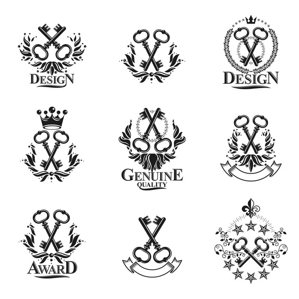 Oude Turnkey Sleutels Emblemen Set Heraldische Vector Design Elements Collectie — Stockvector