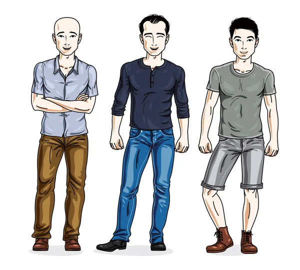 Ayakta Emin Yakışıklı Erkekler Şık Casual Elbiseler Giymiş Vektör Karakter — Stok Vektör