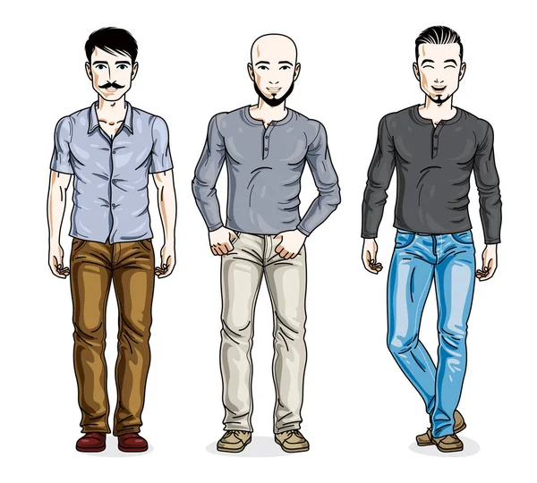 ハンサムな男性グループのカジュアルな服を着て立っている 美しい人々 イラストのベクトルを設定 — ストックベクタ