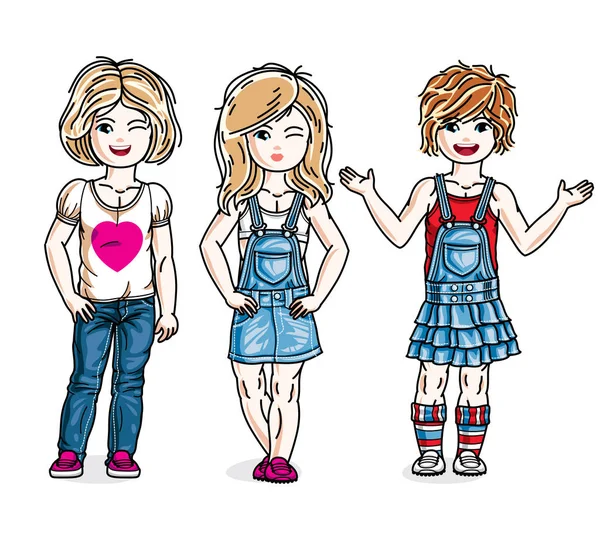 Meninas Bonitas Feliz Posando Vestindo Roupas Casuais Vector Crianças Ilustrações — Vetor de Stock