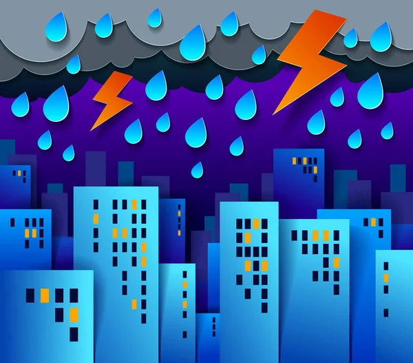 Stadtbild Unter Gewitter Und Blitz Der Nacht Cartoon Vektor Illustration — Stockvektor
