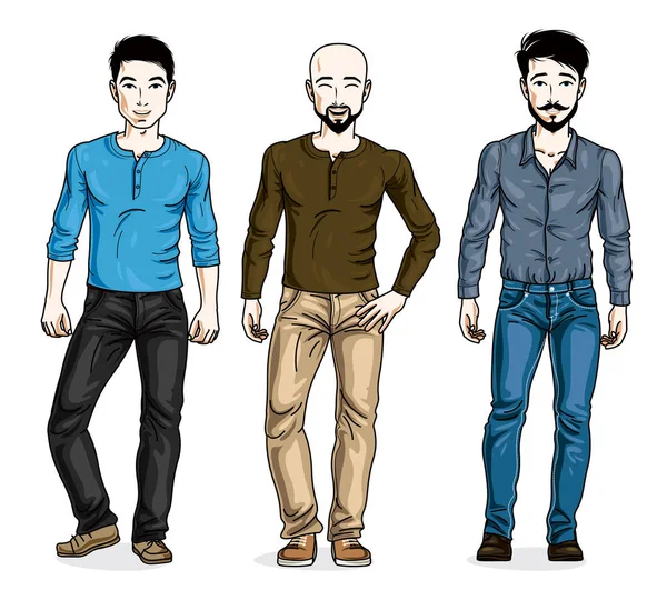 Красивые Мужчины Позируют Стильной Повседневной Одежде Векторные Разнообразные Люди Иллюстрации — стоковый вектор