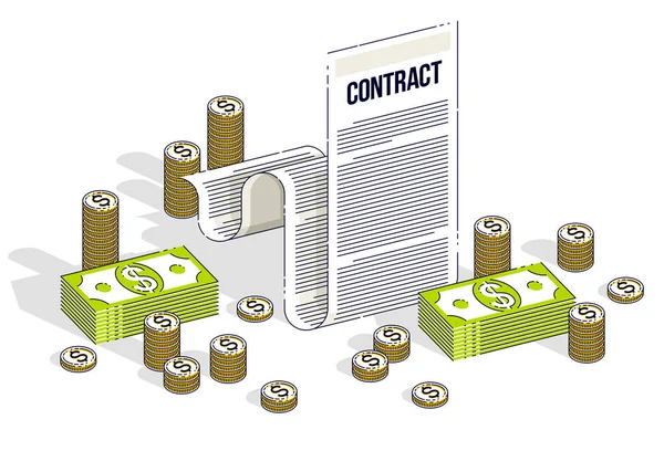 Financieel Contract Concept Papieren Juridisch Document Cash Geld Stapels Munten — Stockvector