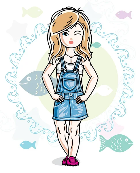 Счастливая Маленькая Блондинка Позирует Морском Фоне Рыбами Модной Повседневной Одежде — стоковый вектор