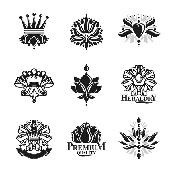 Flowers Royal Symbols Floral Crowns Emblems Set — Stock Vector