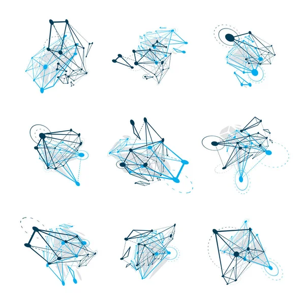 Uppsättning Dimensionell Wireframe Låg Poly Vektorobjekt Fasett Former Med Grid — Stock vektor