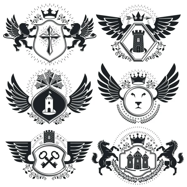 Signos Heráldicos Elementos Emblemas Heráldicos Insignias Signos Colección Ilustraciones Simbólicas — Archivo Imágenes Vectoriales