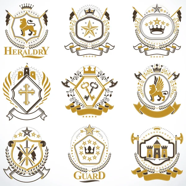 Heraldic Coat Arms Created Vintage Vector Elements Animals Towers Crowns — Stock Vector