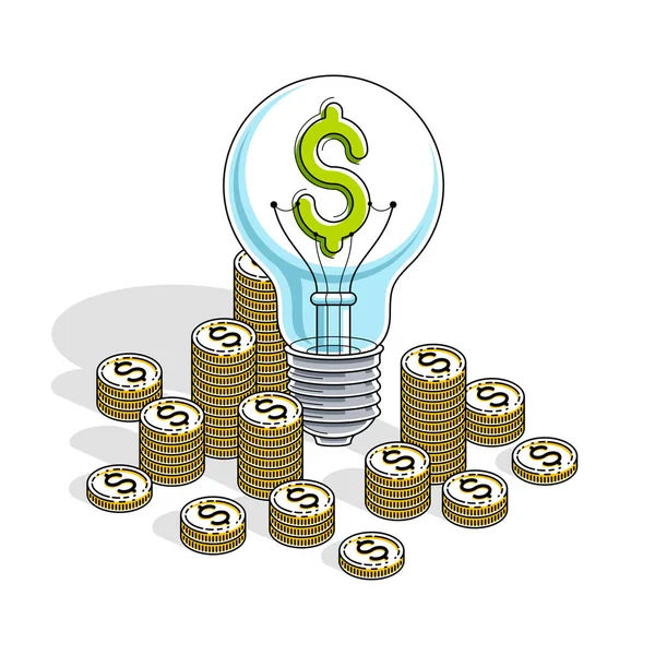 Business Creative Idea Concept Light Bulb Cash Money Stack Coins — Stock Vector