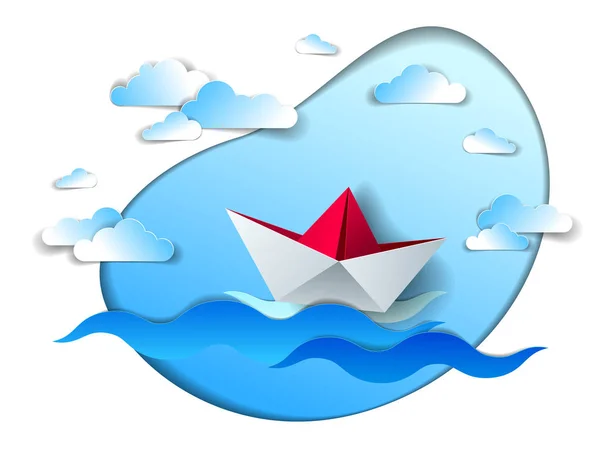 泳ぎに海の波での紙の船折り紙折りベクトル図 空には雲が美しい風光明媚な海景と海に浮かんでのおもちゃのボート — ストックベクタ