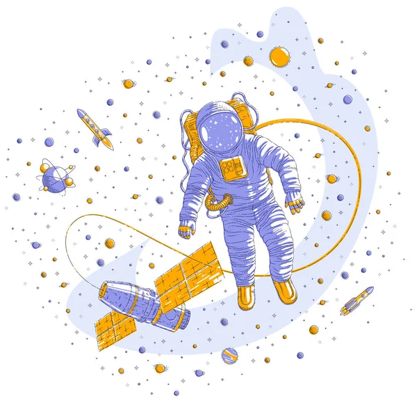 オープン スペースで飛ぶ宇宙飛行士は宇宙ステーションに接続されています — ストックベクタ