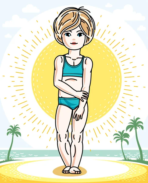 Cute Little Blonde Girl Standing Tropical Beach Palms Vector Human — Stock Vector