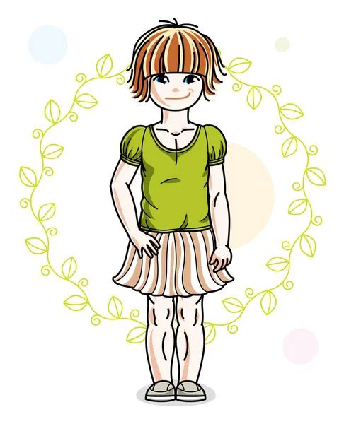 Little Red Haired Cute Girl Toddler Casual Clothes Standing Green — Stock Vector