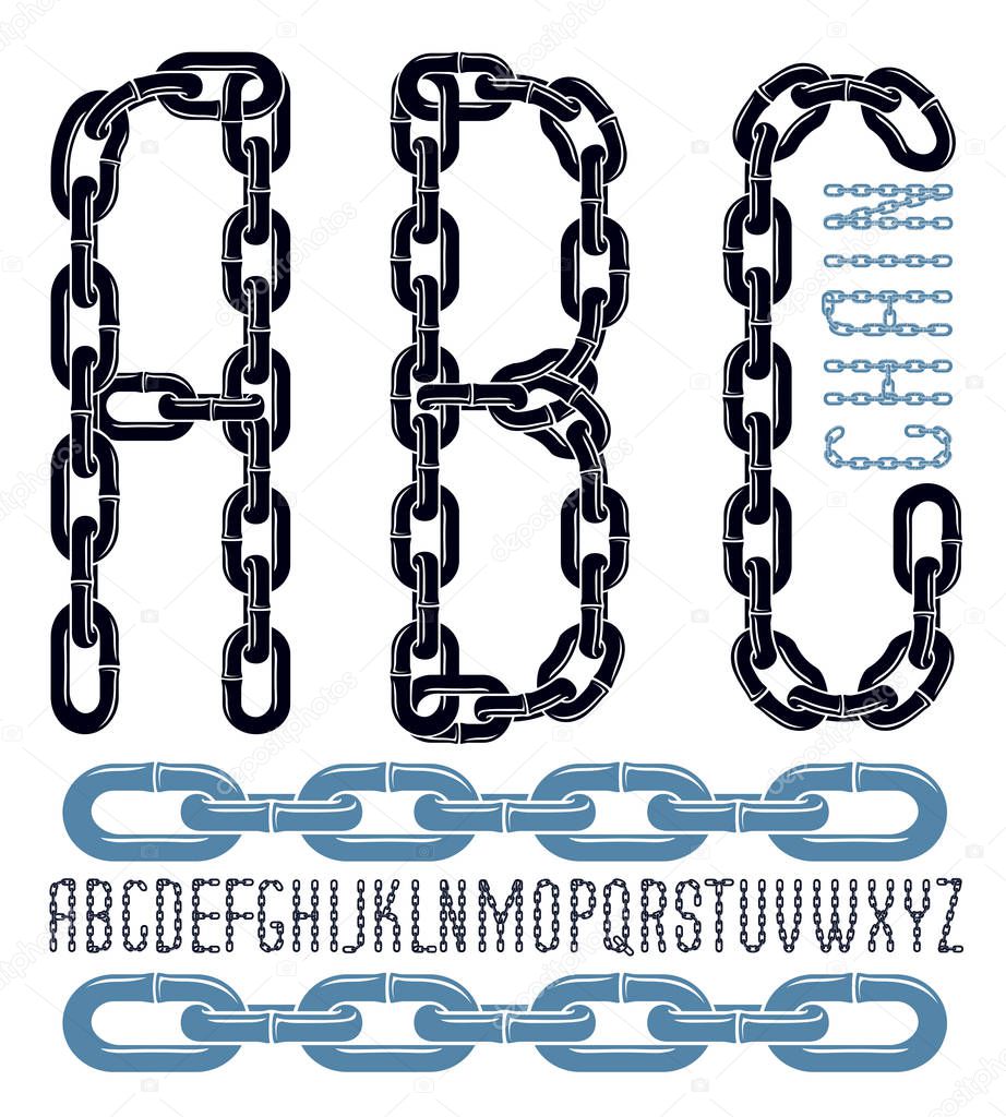 Vector font, trendy typescript can be used in poster creation, Capital creative letters, abc made with iron chain, linked connection