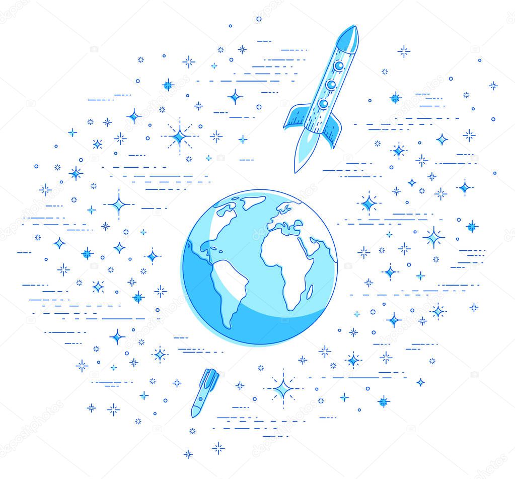 Earth in space, our planet in huge cosmos surrounded by rockets, asteroids and stars, Cartoon science universe, Thin line 3d vector illustration isolated on white