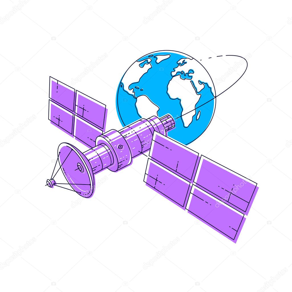 Communication satellite flying orbital spaceflight around earth, spacecraft space station with solar panels and satellite antenna plate, Thin line 3d vector illustration