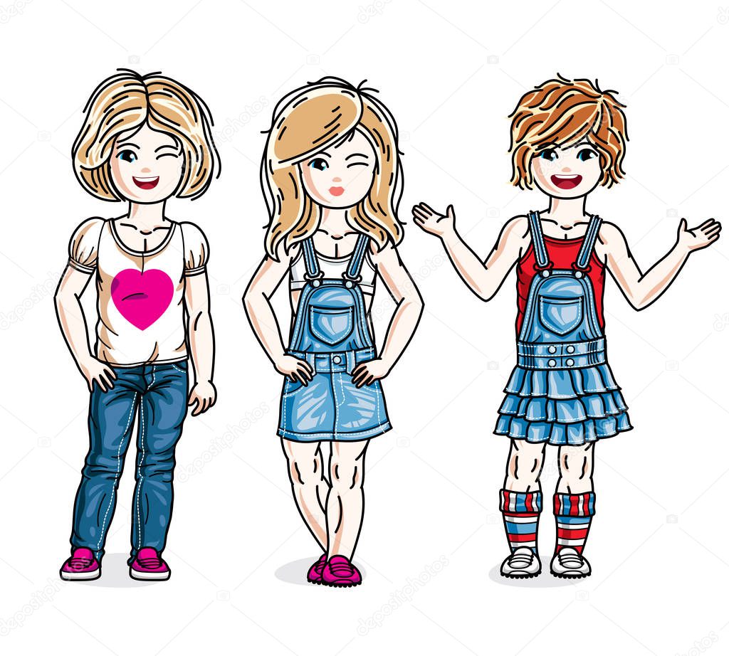 Beautiful happy little girls posing wearing casual clothes, Vector kids illustrations set