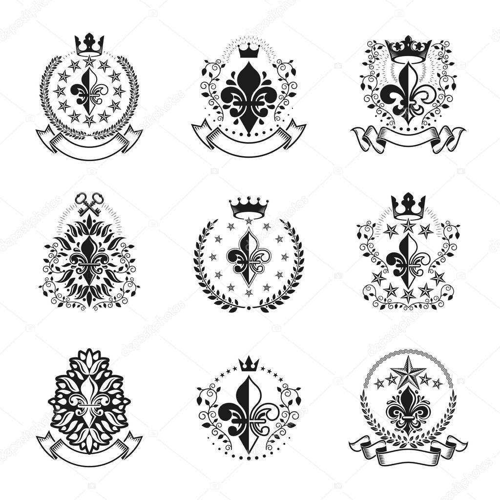 Royal symbols Lily Flowers emblems set, Heraldic vector design elements collection