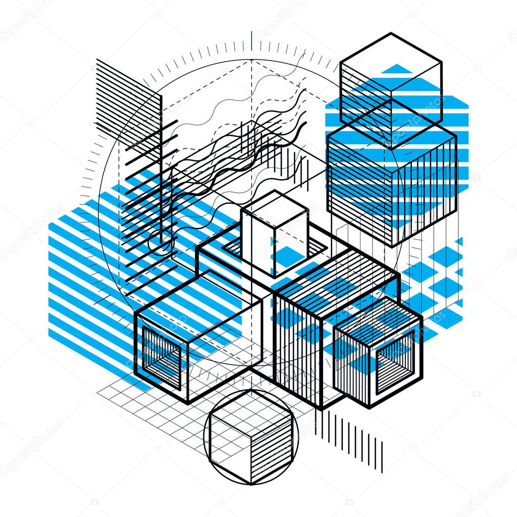 Abstract background with isometric elements, vector linear art with lines and shapes