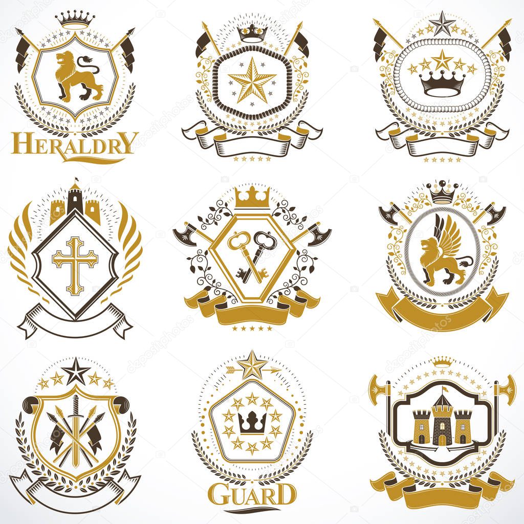 Heraldic Coat of Arms created with vintage vector elements, animals, towers, crowns and stars