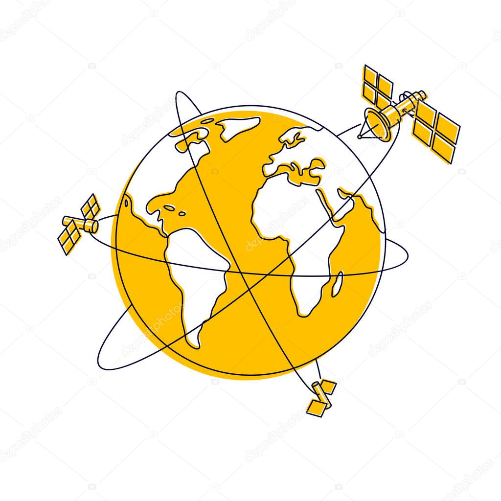 Satellites flying orbital flight around earth, communication technology spacecraft space stations with solar panels and satellite antenna plate, Thin line 3d vector illustration
