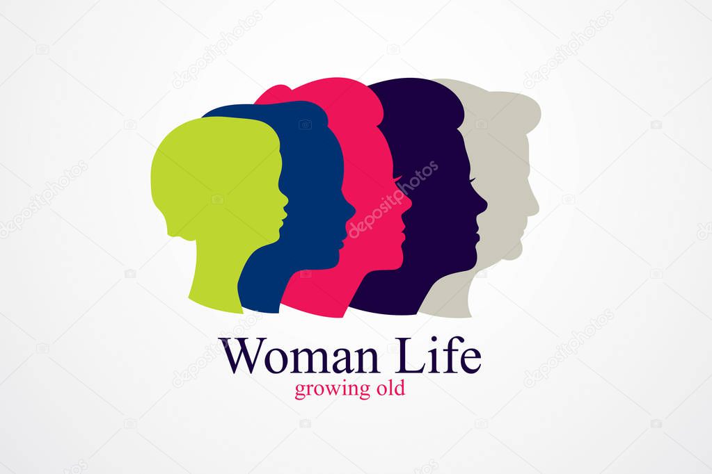 Woman life age years concept, the time of life, periods and cycle of life, growing old, maturation and aging, one generation and age categories