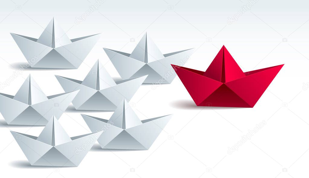 Leadership concept visualized with origami folded ship toys one of them is swimming in front and leading the team group, vector modern style 3d realistic illustration