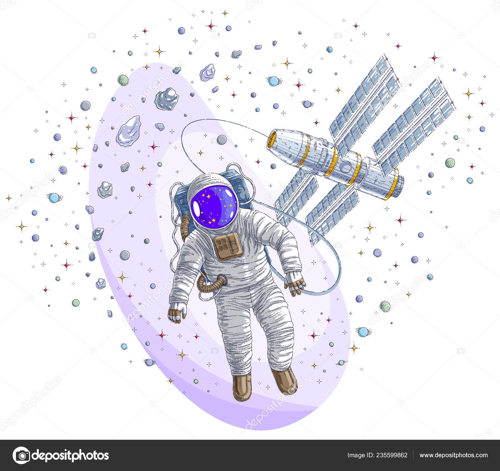 Astronaut in spacesuit floating in weightlessness, spaceman in open space  realistic vector illustration isolated over white background. Stock Vector