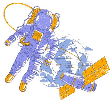 Uzay İstasyonu ve dünya gezegen vektör çizim arka planda açık alanda uçan Spaceman bağlı