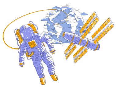 Açık alanda uçan astronot uzay istasyonu ve dünya gezegen arka planda, vektör çizim bağlı
