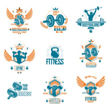Halter, Barbell, su ısıtıcısı çan spor ekipmanları kullanarak vektör vücut geliştirme Tema amblem ve reklam afişleri kümesi oluşur