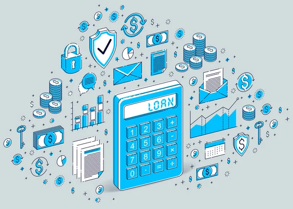 Beyaz arka plan üzerinde kredi kavramı, izole hesap makinesi fikir simgeler, istatistik grafikleri ve tasarım öğelerini ile 3d vektör iş izometrik çizim