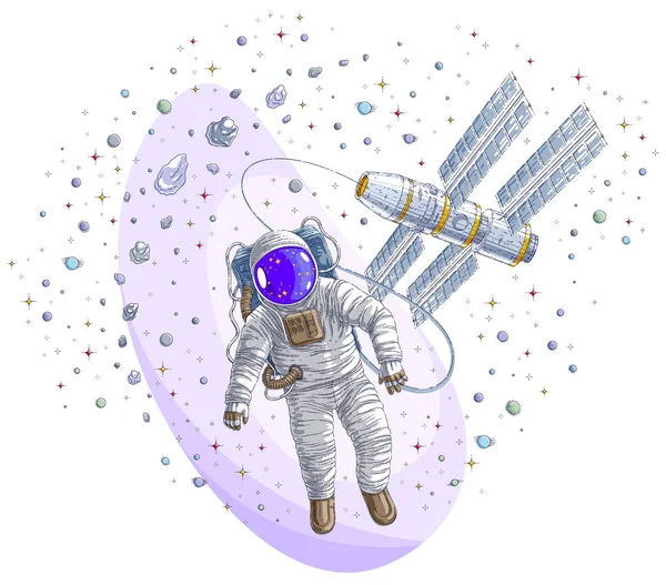 宇宙飛行士が宇宙ステーションで無重力状態に浮かぶ宇宙飛行士に接続されているオープン スペースと Iss 宇宙船に囲まれて未発見の惑星や星 ベクトル図に出てください — ストックベクタ