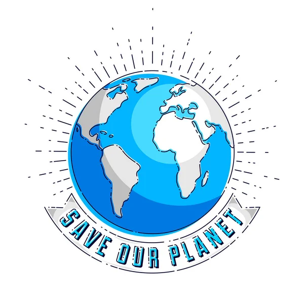 Beyaz arka plan üzerinde Eko ekoloji, dünya iklim değişiklikleri, dünya günü 22 Nisan, gezegen şerit ve yazım vektör amblem veya illüstrasyon izole bizim gezegen kavramı
