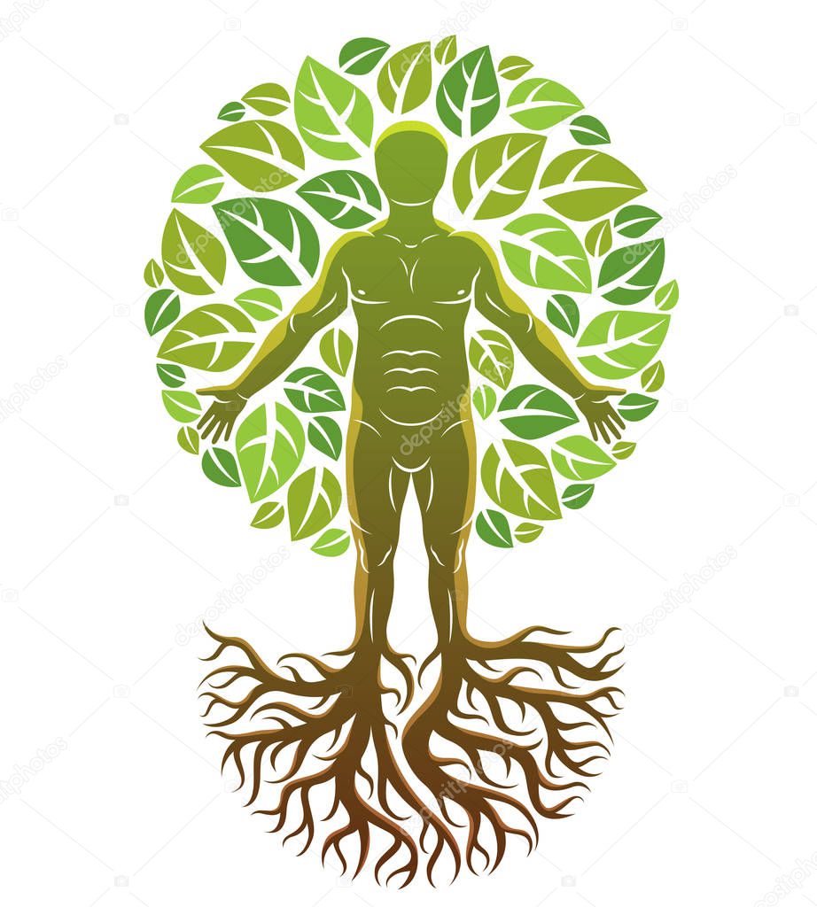 Vector illustration of human, athlete created as continuation of tree with strong roots and surrounded by eco green leaves, Environmental conservation theme, green innovation metaphor