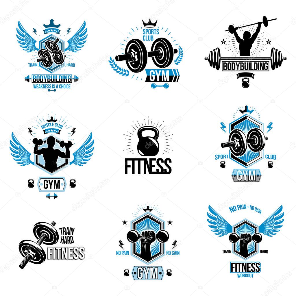 Set of vector cross fit and fitness theme emblems and motivational posters created with dumbbells, barbells, kettle bells sport equipment and muscular athlete body silhouettes
