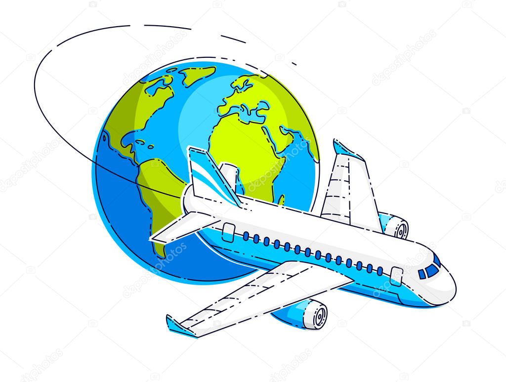 Airlines air travel emblem or illustration with plane airliner and planet earth, Beautiful thin line vector isolated on white background