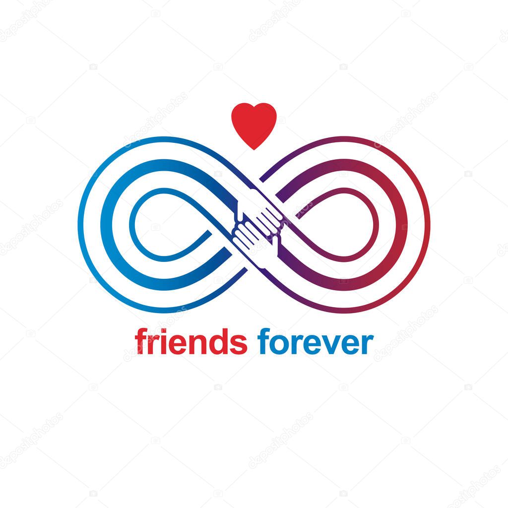 Friends Forever, everlasting friendship unusual vector logo combined with two symbols of Infinity and human hands