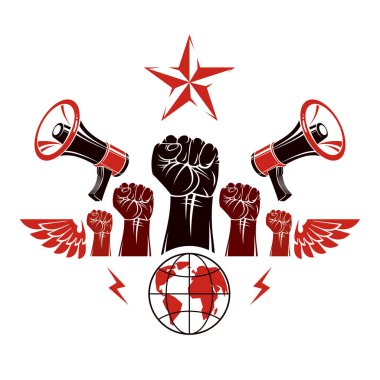 Hoparlörler ile oluşan banner pazarlama, sıkışık yumruk ve dünya gezegen, vektör çizim kaldırdı