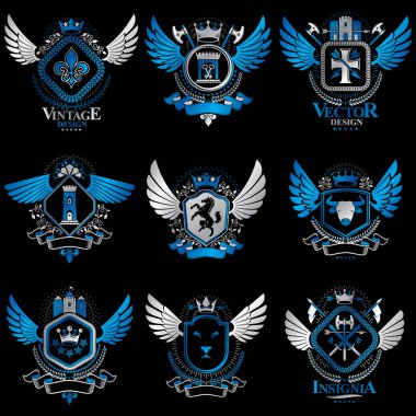 Vektör hanedan dekoratif vintage tasarım öğeleri, monarch kron, pentagonal yıldız, Tophane, vahşi hayvanlar kullanılarak oluşturulan kat topluluğu