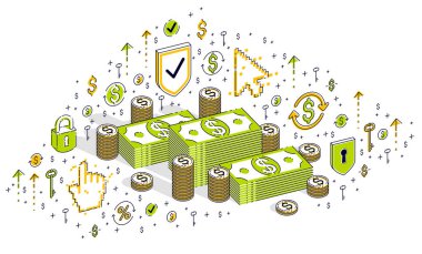 Nakit para doları yerleştirir ve sent kazık paralar beyaz arka plan üzerinde izole, izometrik 3d simgeleri, istatistik grafikleri ve tasarım öğelerini ile finans ve iş illüstrasyon vektör