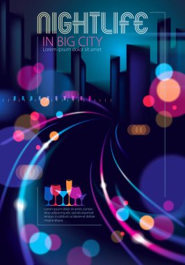 Gece şehir bulanık ışıklar bokeh doku vektör çizim ile cityscape, binalar ile bulanıklık renkli koyu arka plan manzarası siluetleri