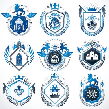 Tasarım öğeleri ile oluşturulmuş vektör retro vintage insignias kümesi tarihlerde Ortaçağ kaleleri, Tophane, vahşi hayvanlar, İmparatorluk kron