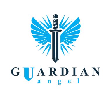 Vektör grafik illüstrasyon oluşturulan kuş kanatları, savaş ve güvenlik metafor sembolü, Seraph vektör amblemi ile kılıç